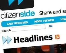 Close-up of the Citizenside website with "Share and sell" tagline and headlines