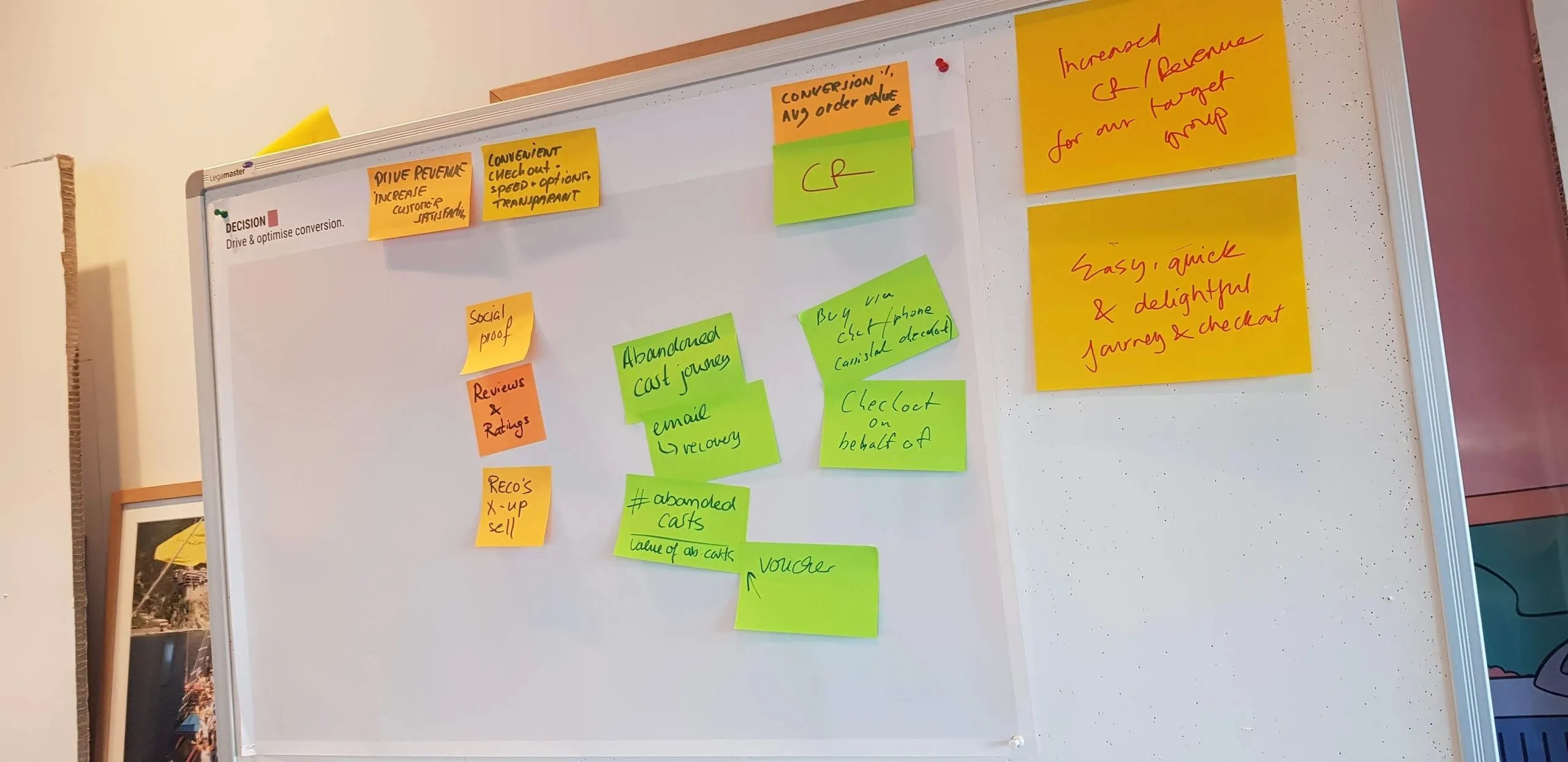 Whiteboard covered in orange and green sticky notes from a planning session