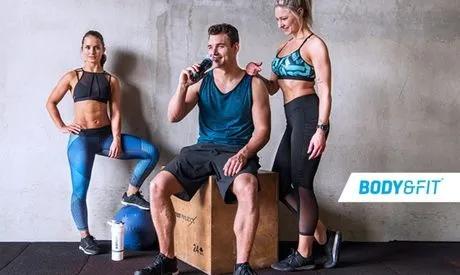 Three athletes in a gym with the Body & Fit logo