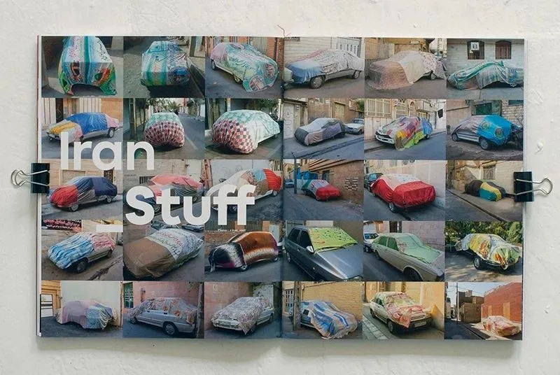 Magazine spread titled "Iron Stuff" showing a grid of cars under patterned covers