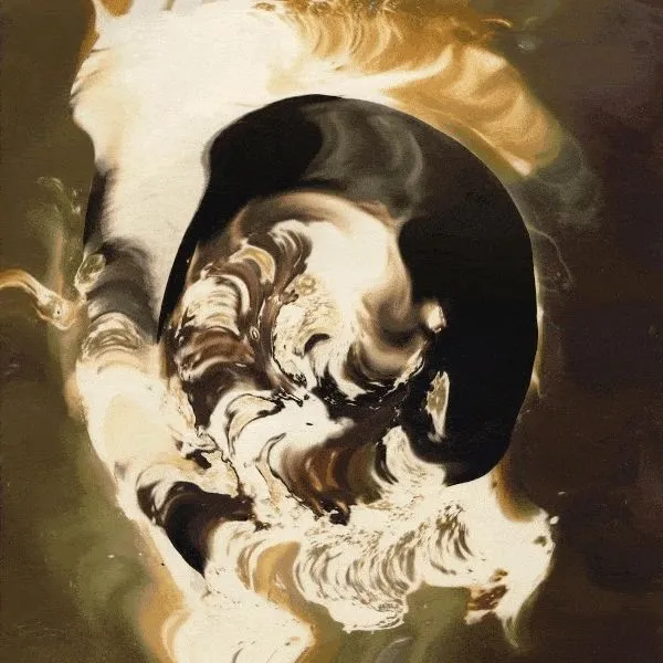 Animated abstract artwork with swirling black and cream marbled forms
