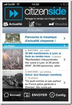 Citizenside iPhone app showing citizen news stories in French