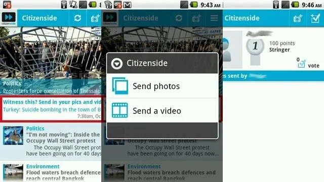 Citizenside Android app screenshots for browsing news and sending photos or videos
