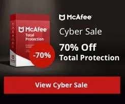 McAfee Cyber Sale banner advertising 70% off Total Protection