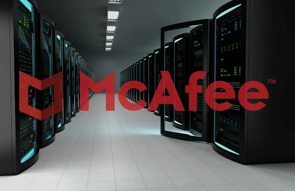 McAfee logo over a data centre server room