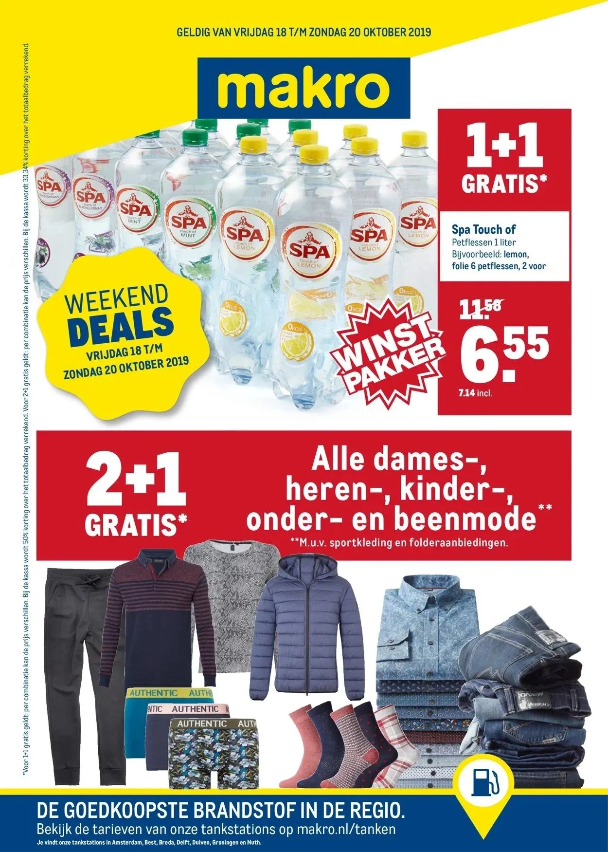 Makro weekend deals folder cover with Spa water bottles and clothing offers in Dutch