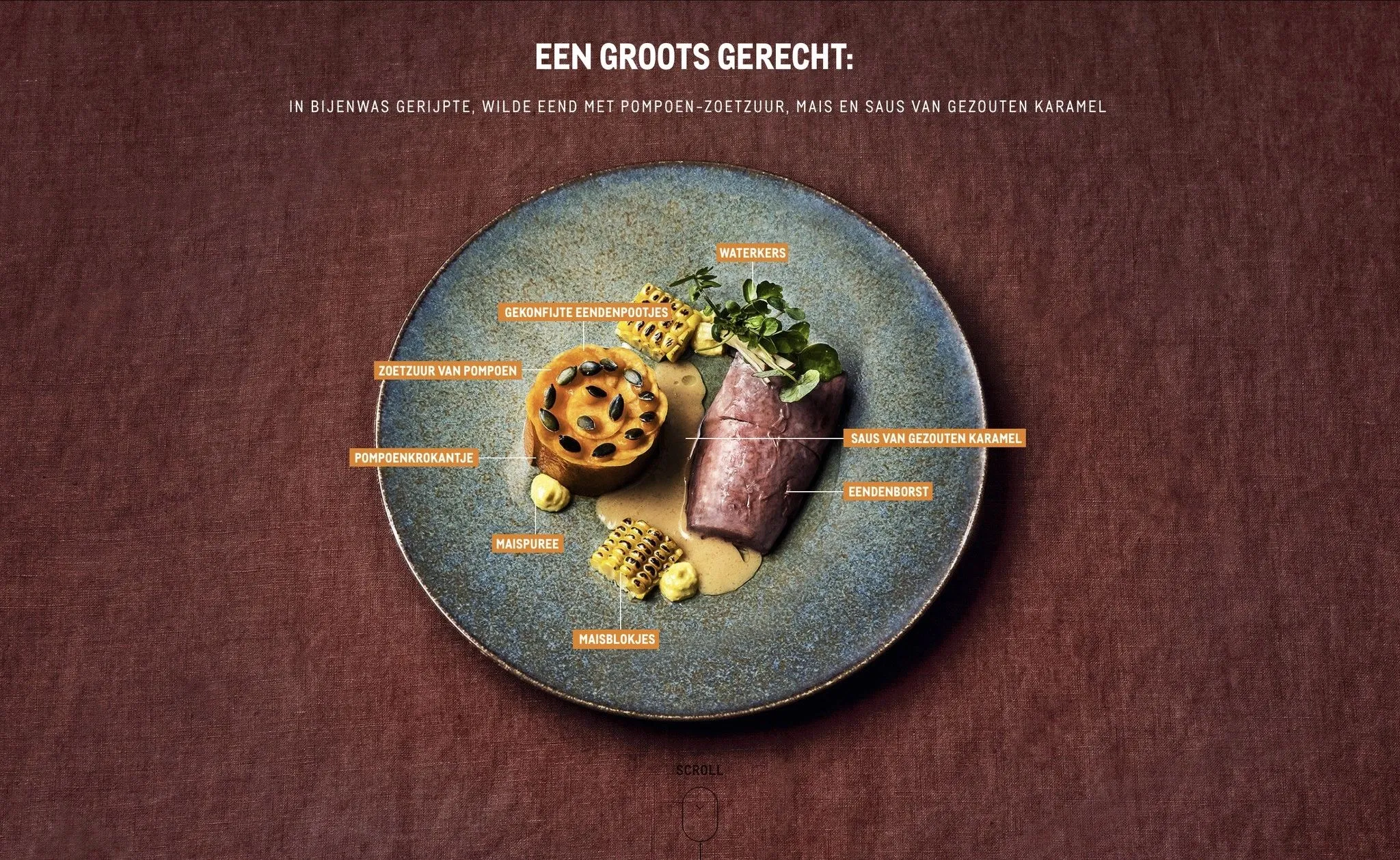 Makro food styling image of a plated dish titled "Een groots gerecht" with labelled ingredients