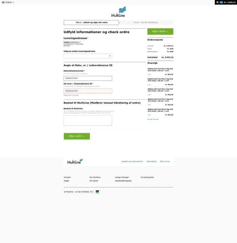 Screenshot of the MultiLine webshop checkout page