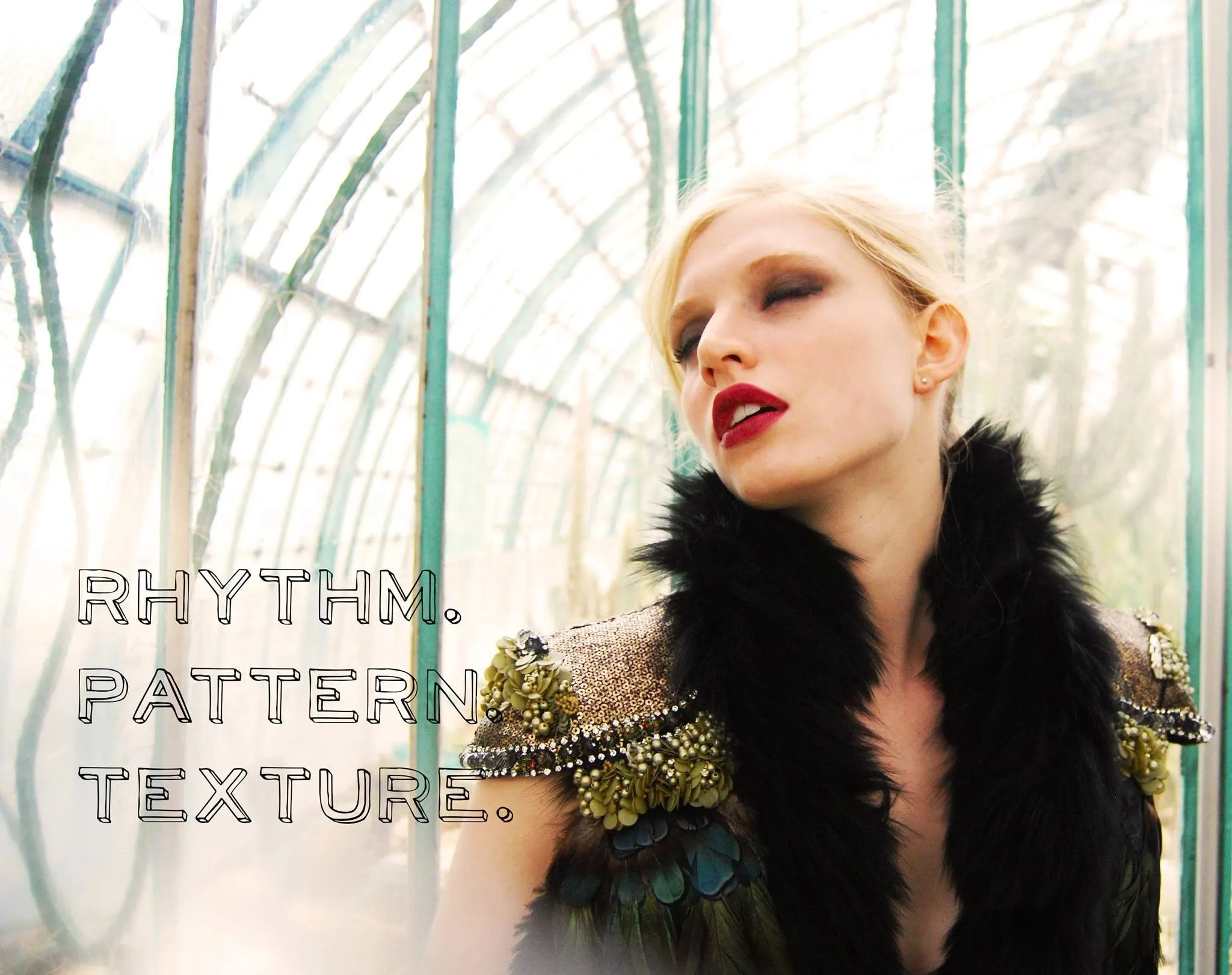 Fashion photo of a model in a fur collar, titled "Rhythm. Pattern. Texture."