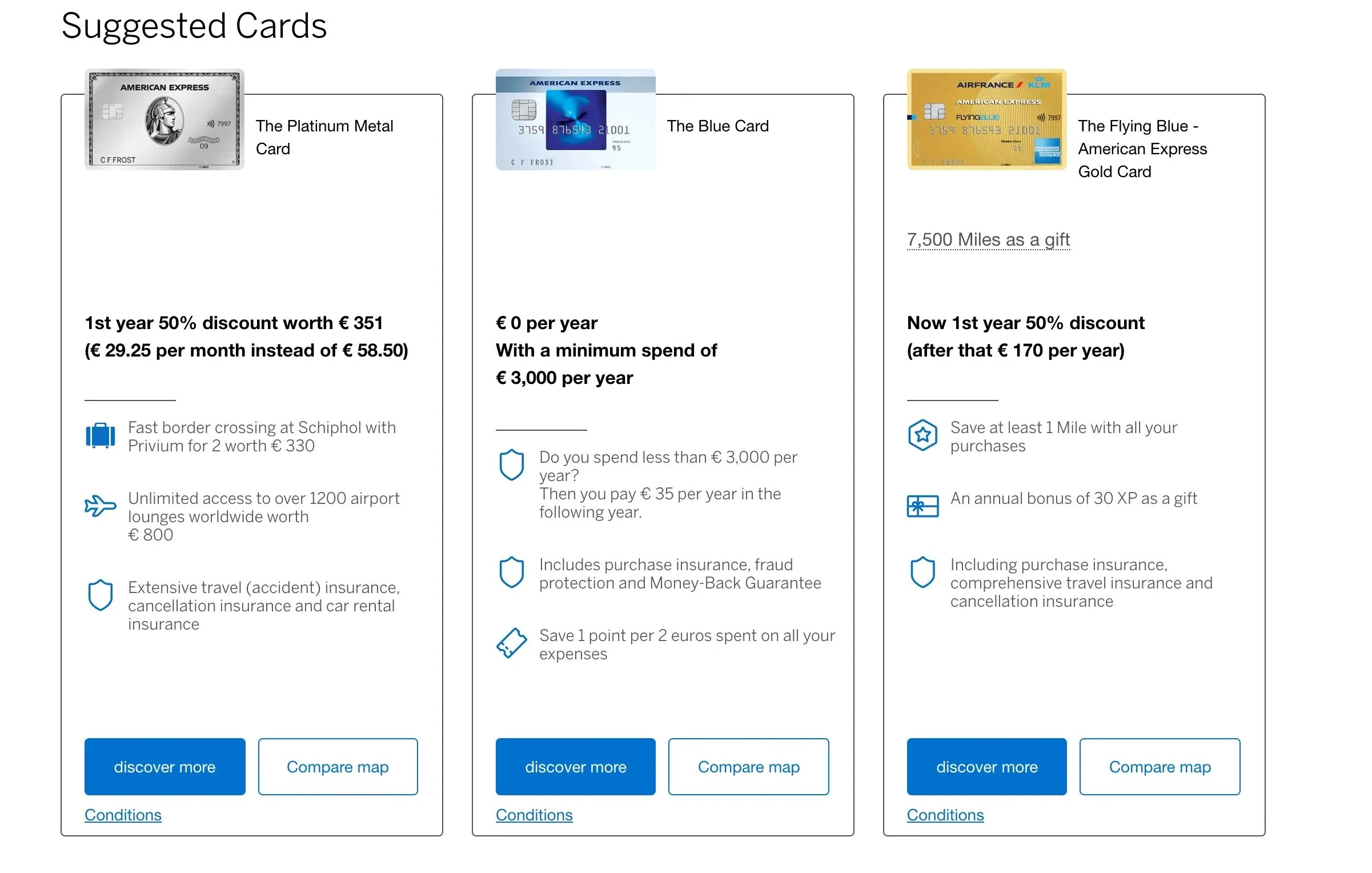 American Express "Suggested Cards" comparison of three cards