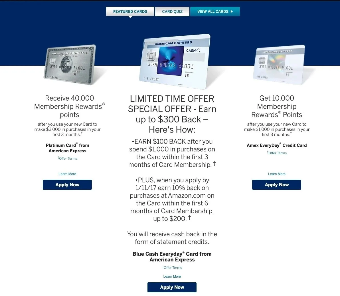American Express featured cards page with three card offers