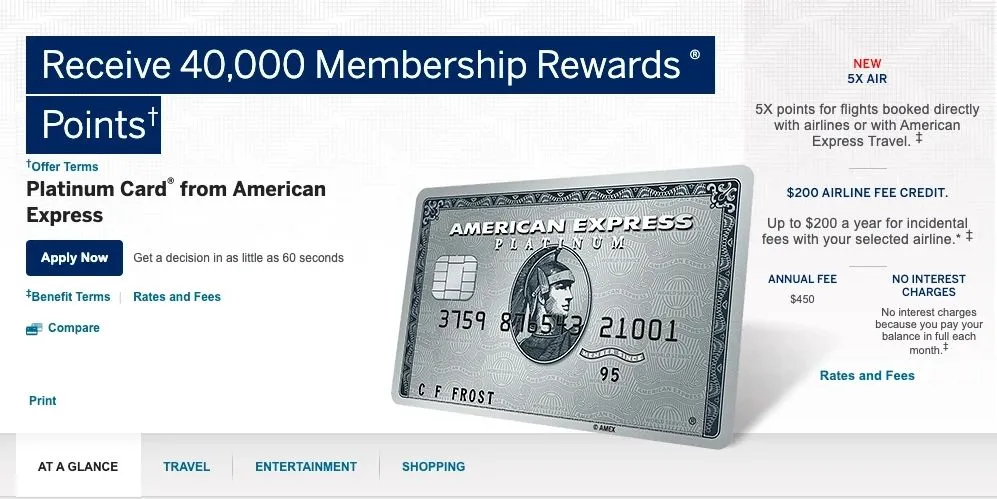 American Express Platinum Card page offering 40,000 Membership Rewards points