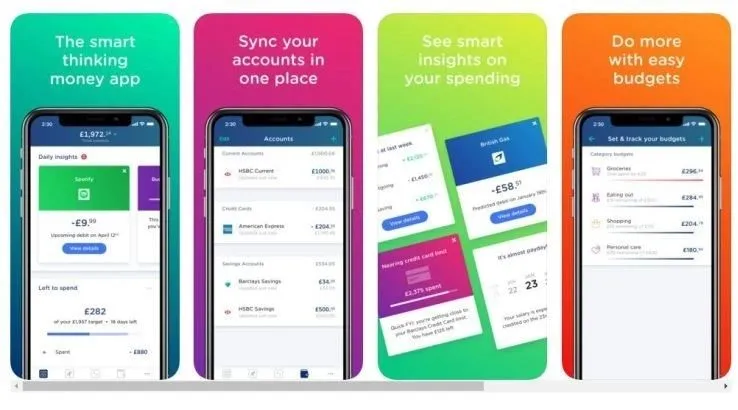 Four Yolt app screenshots: smart money app, synced accounts, spending insights and budgets